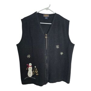 Vintage Woolrich Winter Snowman Applique zip front Vest Black Vest sz XL
